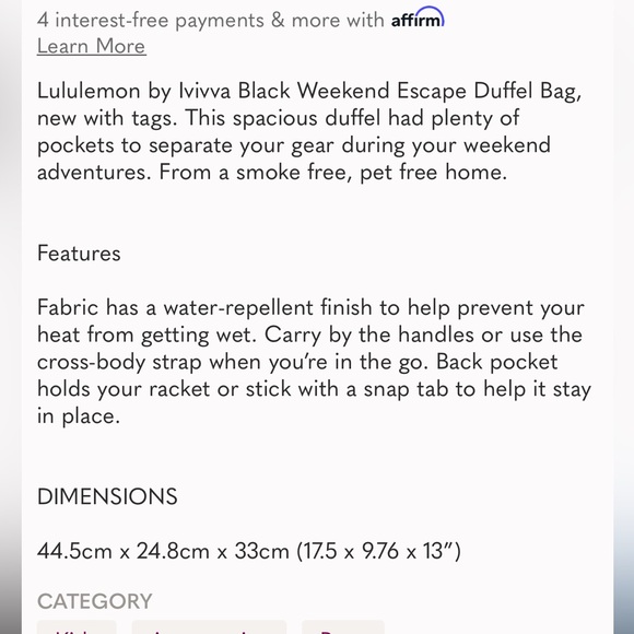 Lululemon IVIVVA Weekend Escape Duffle - Picture 6 of 6